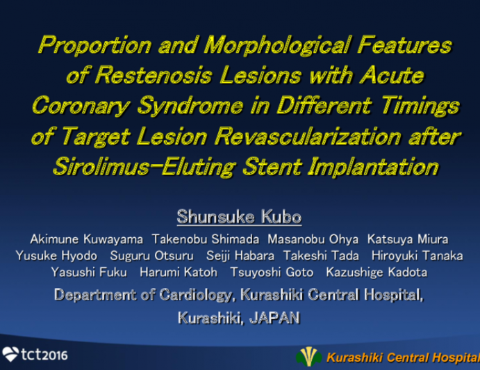 TCT 52: Proportion and Morphological Features of Restenosis Lesions With Acute Coronary Syndrome in Different Timings of Target Lesion Revascularization After Sirolimus-Eluting Stent Implantation