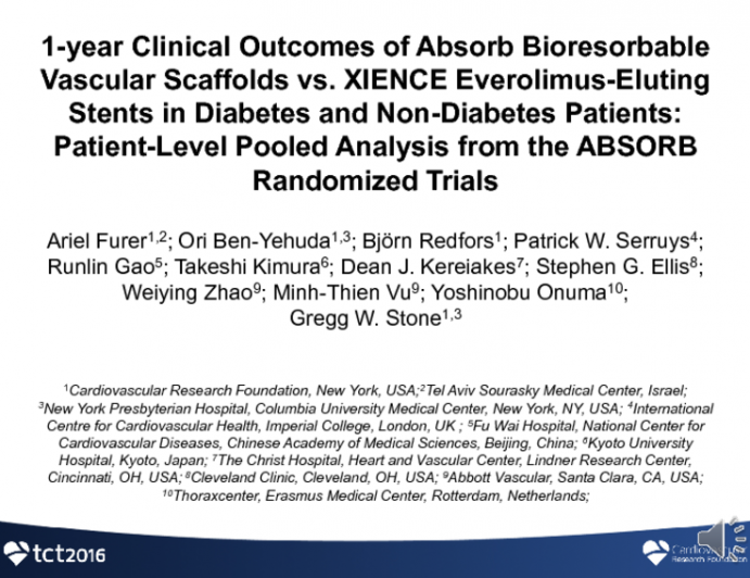 TCT 60: Clinical Outcomes of Absorb Bioresorbable Vascular Scaffold (BVS) in Diabetic and Non-Diabetic Patients: Patient-Level Pooled Analysis From the ABSORB Randomized Trials