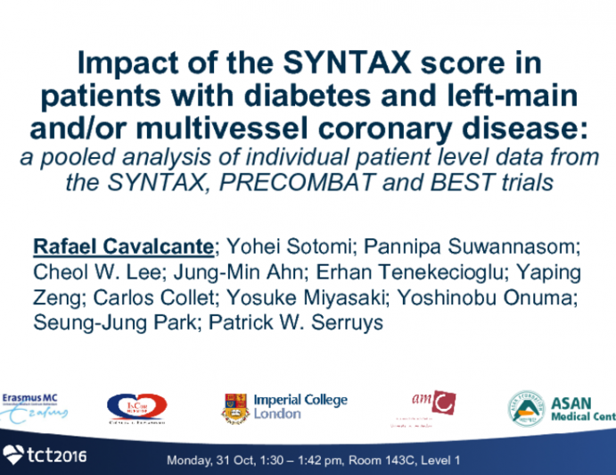 TCT 67: Impact of the SYNTAX Score in Patients With Diabetes and Left-Main and/or Multivessel Coronary Disease: A Pooled Analysis of Individual Patient Level Data From the SYNTAX, PRECOMBAT and BEST Trials