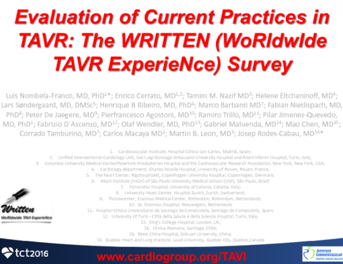 TCT 82: Evaluation of Current Practices in Transcatheter Aortic Valve Replacement: The WRITTEN (Worldwide TAVR Experience)Survey