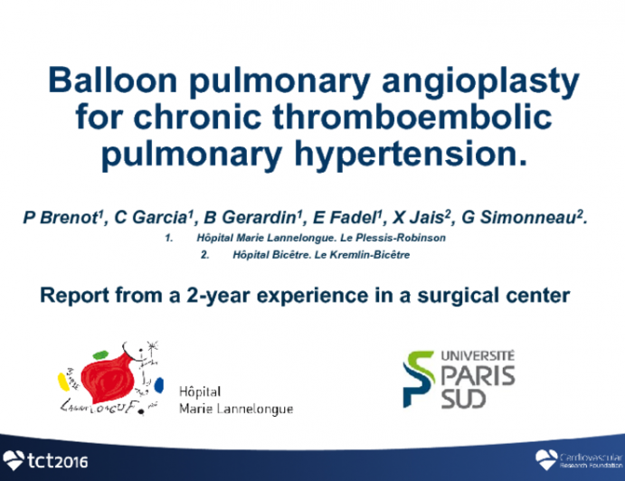TCT 89: Balloon Pulmonary Angioplasty for Chronic Thromboembolic Hypertension: Report of a Two-Year Experience in a Surgical Center