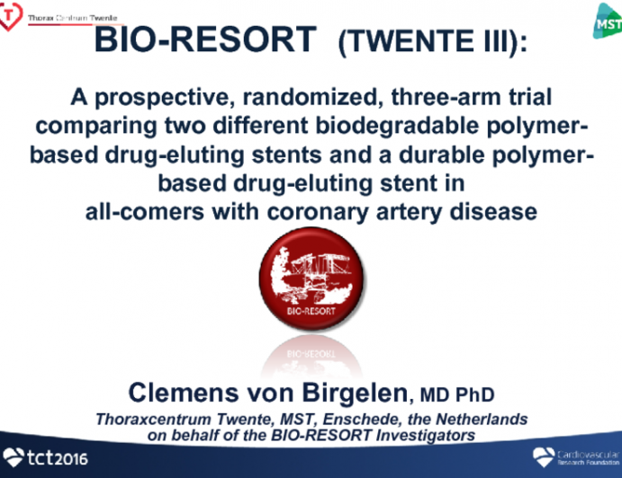 BIO-RESORT (TWENTE III): A Prospective, Randomized Three-Arm Trial Comparing Two Different Biodegradable Polymer-Based Drug-Eluting Stents and a Durable Polymer-Based Drug-Eluting Stent in an All-Comers Population of Patients With Coronary Artery Disease