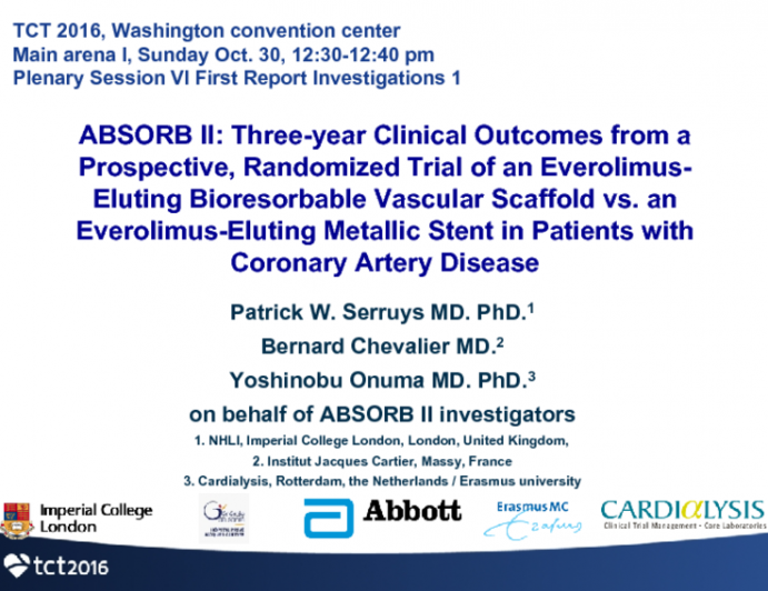 ABSORB II: Three-Year Clinical Outcomes From a Prospective, Randomized Trial of an Everolimus-Eluting Bioresorbable Vascular Scaffold vs an Everolimus-Eluting Metallic Stent in Patients With Coronary Artery Disease
