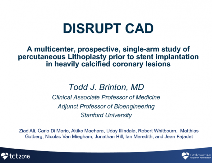 DISRUPT CAD: A multicenter, prospective, single-arm study of percutaneous lithoplasty prior to stent implantation in heavily calcified coronary lesions