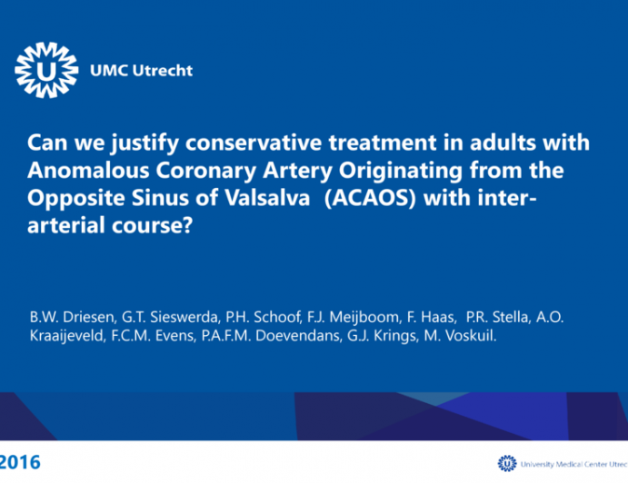 TCT 606: Can we justify conservative treatment in adults with Anomalous Coronary Artery Originating from the Opposite Sinus of Valsalva (ACAOS) with Inter-Arterial Course (IAC)?