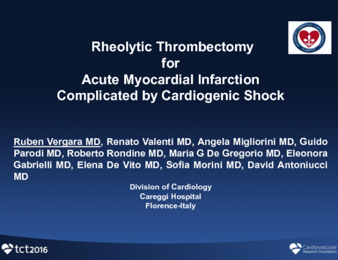 TCT 145: Rheolytic Thrombectomy for Acute Myocardial Infarction Complicated by Cardiogenic Shock