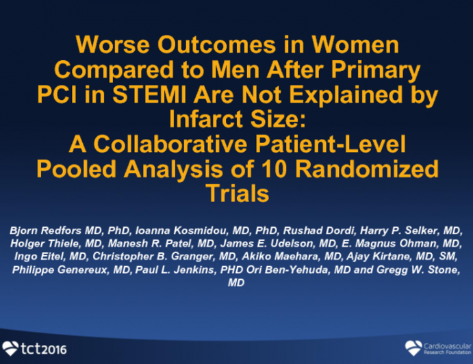 TCT 2: Worse Outcomes in Women Compared to Men After Primary PCI in STEMI Are Not Explained by Infarct Size: A Collaborative Patient-Level Pooled Analysis of 10 Randomized Trials