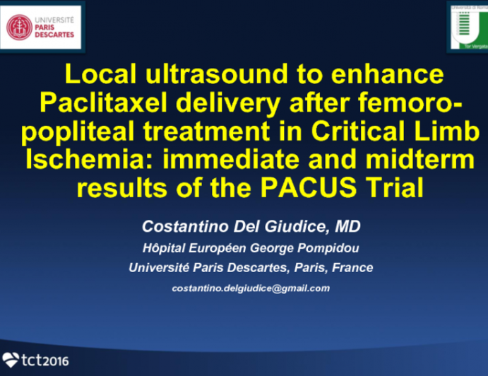 Local Ultrasound to Enhance Paclitaxel Delivery after Femoro-Popliteal Treatment in Critical Limb Ischemia: Immediate and Midterm Results of the PACUS Trial