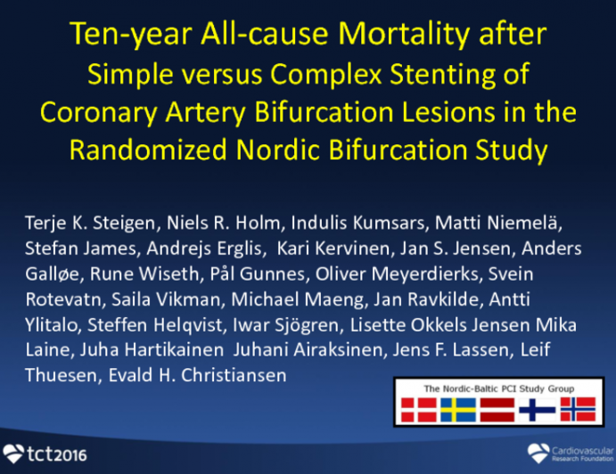 TCT 318: Ten-year All-cause Mortality After Simple Versus Complex Stenting of Coronary Artery Bifurcation Lesions in the Randomized Nordic Bifurcation Study