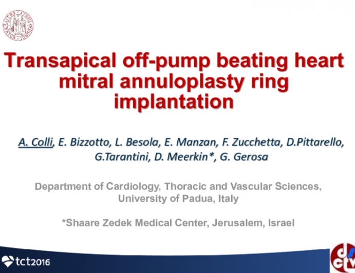 TCT 1620: First-In-Human of Transapical Off-Pump Mitral Valve Repair With Catheter Delivered Annuloplasty Ring for Functional Mitral Regurgitation