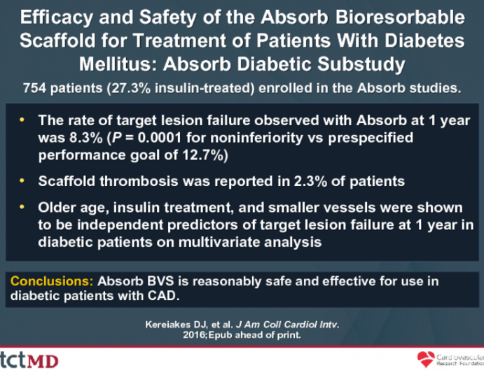 Efficacy and Safety of the Absorb Bioresorbable Scaffold for Treatment of Patients With Diabetes Mellitus: Absorb Diabetic Substudy
