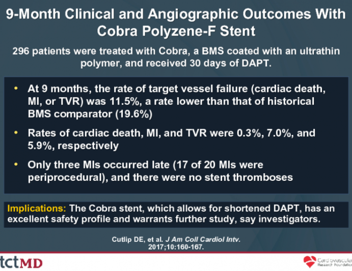 9-Month Clinical and Angiographic Outcomes With Cobra Polyzene-F Stent