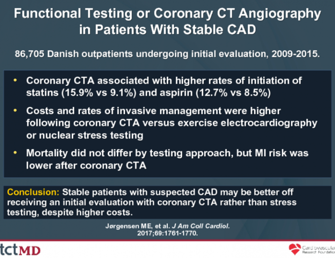 Functional Testing or Coronary CT Angiographyin Patients With Stable CAD