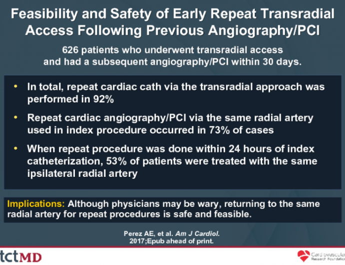 Feasibility and Safety of Early Repeat Transradial Access Following Previous Angiography/PCI