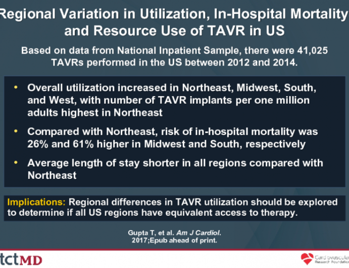 Regional Variation in Utilization, In-Hospital Mortality, and Resource Use of TAVR in US