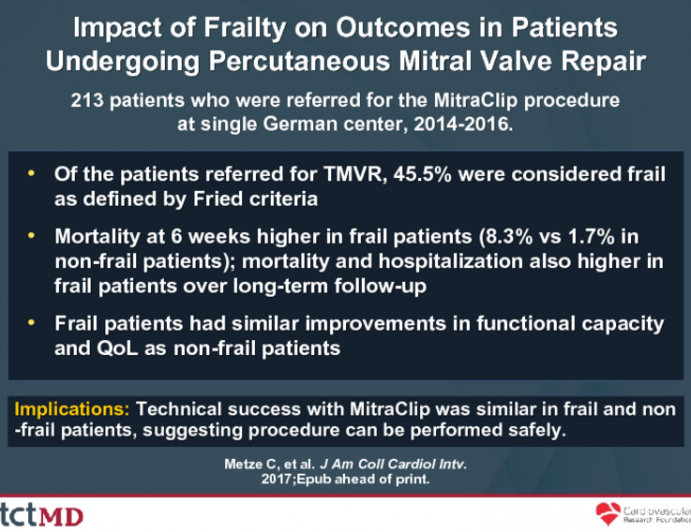 Impact of Frailty on Outcomes in Patients Undergoing Percutaneous Mitral Valve Repair