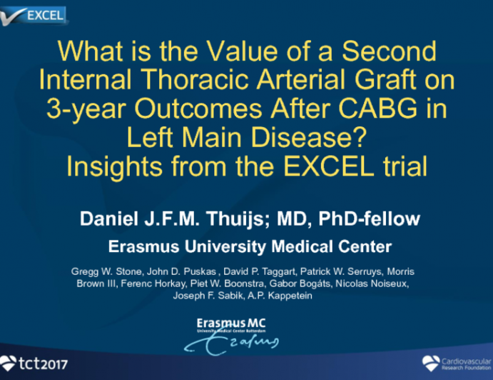 TCT 74: What is the Value of a Second Internal Thoracic Arterial Graft on 3-year Outcomes After CABG in Left Main Disease? Insights from the EXCEL Trial