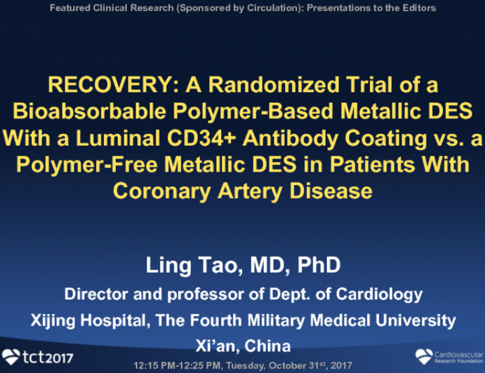 RECOVERY: A Randomized Trial of a Bioabsorbable Polymer-Based Metallic DES With a Luminal CD34+ Antibody Coating vs a Polymer-Free Metallic DES in Patients With Coronary Artery Disease