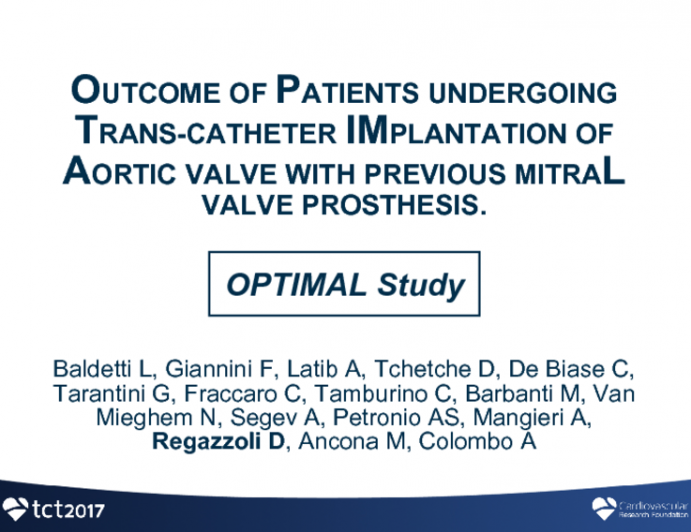 TCT 40: Outcome Of Patients Undergoing Trans-Catheter Implantation of Aortic Valve With Previous Mitral Valve Prosthesis (Optimal Study)