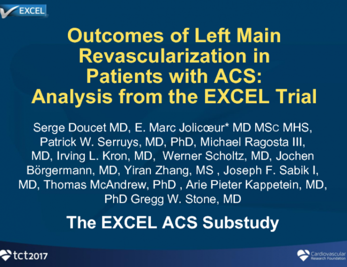 TCT 3: Outcomes of Left Main Revascularization in Patients With Acute Coronary Syndrome vs Stable Angina: Analysis From the EXCEL Trial