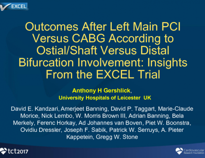 TCT 179: Outcomes after Left Main PCI vs CABG According to Ostial/Shaft vs Distal Bifurcation Involvement: Insights From the EXCEL Trial