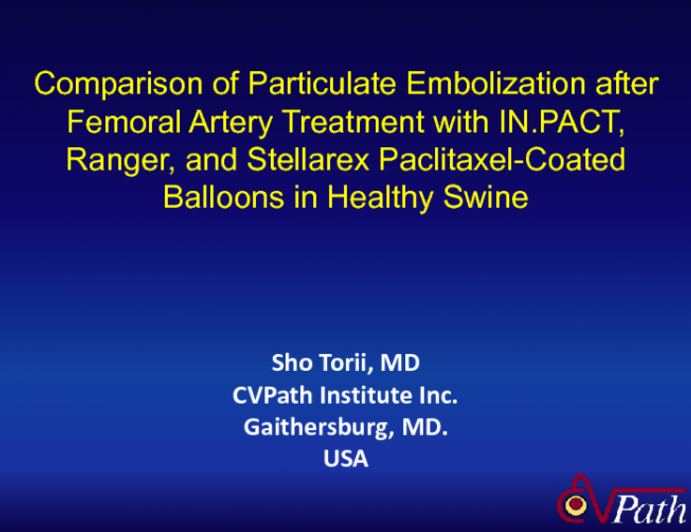 TCT 57: Comparison of Particulate Embolization After Femoral Artery Treatment with IN.PACT Admiral, Ranger, and Stellarex Paclitaxel-Coated Balloons in Healthy Swine