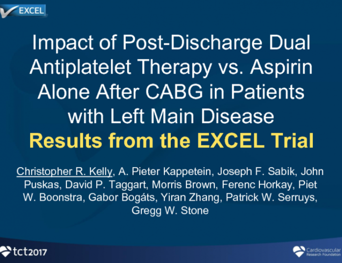 TCT 76: Impact of Post-Discharge Dual Antiplatelet Therapy vs Aspirin Alone After CABG in Patients With Left Main Disease: Results from the EXCEL Trial
