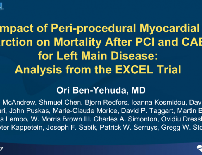 TCT 110: Periprocedural Myocardial Infarction and Mortality in Patients Undergoing PCI vs CABG for Left Main Disease - Analysis From the EXCEL Trial