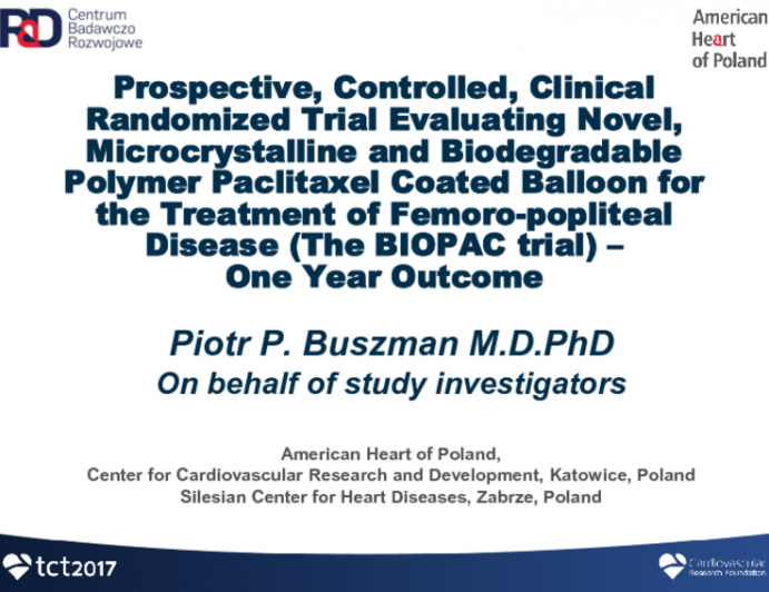 Prospective, Controlled, Clinical Randomized Trial Evaluating Novel, Microcrystalline and Biodegradable Polymer Paclitaxel Coated Balloon for the Treatment of Femoro-popliteal Disease (The BIOPAC trial) - One Year Outcome