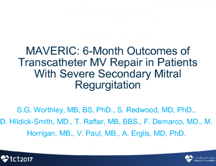 MAVERIC: 6-Month Outcomes of Transcatheter MV Repair in Patients With Severe Secondary Mitral Regurgitation