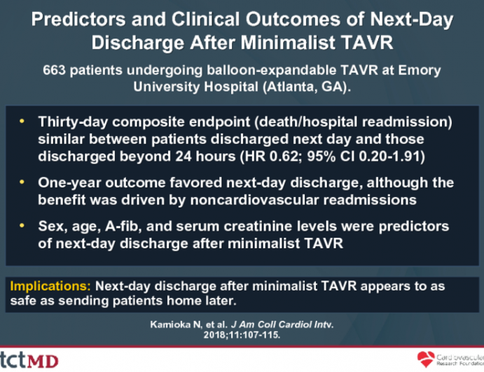 Predictors and Clinical Outcomes of Next-Day Discharge After Minimalist TAVR