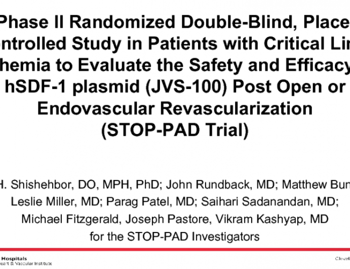 A Phase II Randomized Double-Blind, Placebo Controlled Study in Patients with Critical Limb Ischemia to Evaluate the Safety and Efficacy of hSDF-1 plasmid (JVS-100) Post Open or Endovascular Revascularization (STOP-PAD Trial)
