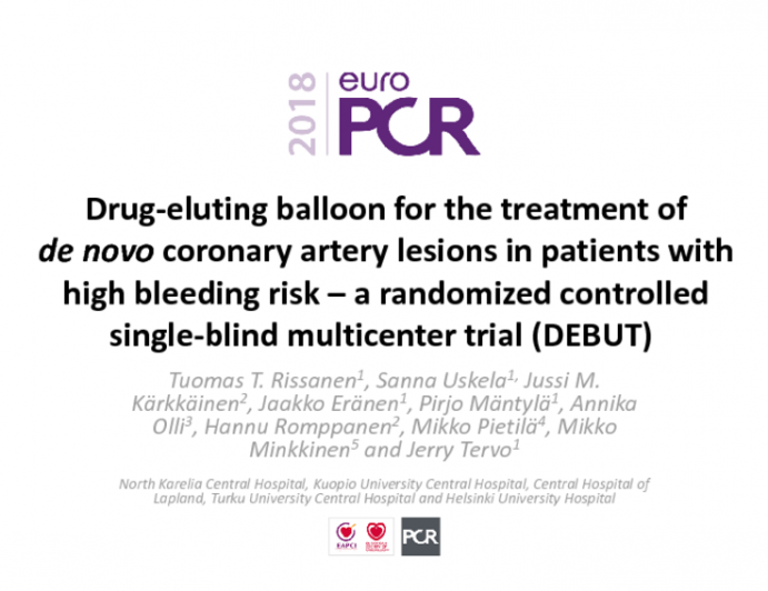 Drug-eluting Balloon for the Treatment of de novo Coronary Artery Lesions in patients with high bleeding risk –a randomized controlled single-blind multicenter trial (DEBUT)