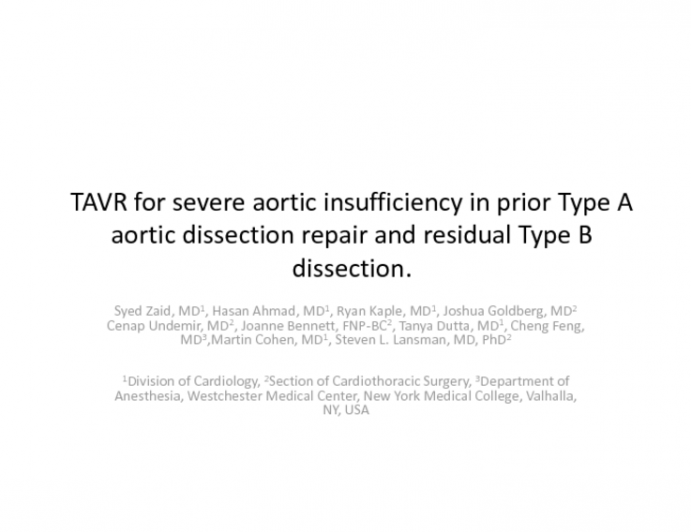 Transcatheter Aortic Valve Replacement for Severe Aortic Insufficiency in a Patient With Prior Type A Aortic Dissection Repair and Residual Type B Dissection Extending to the Infrarenal Aorta