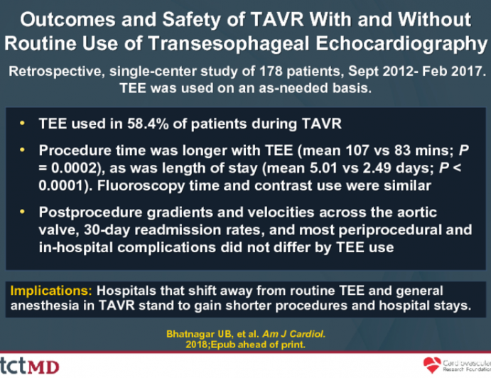 Outcomes and Safety of TAVR With and Without Routine Use of Transesophageal Echocardiography 