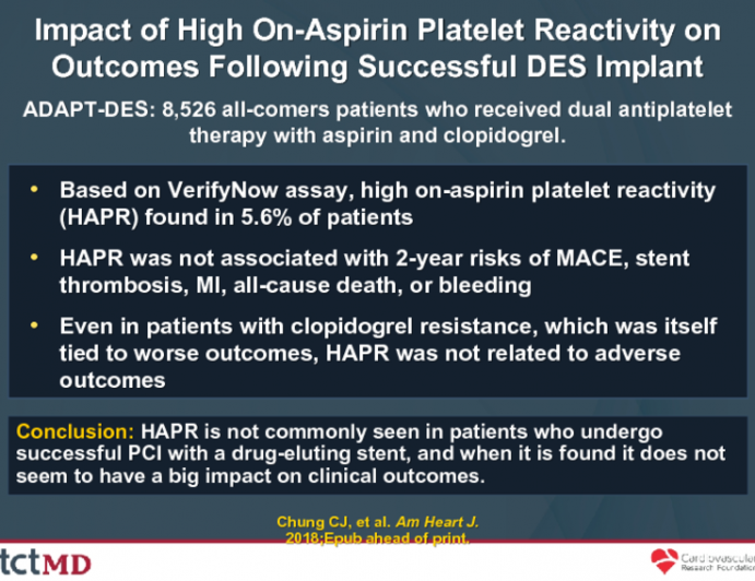 Impact of High On-Aspirin Platelet Reactivity on Outcomes Following Successful DES Implant