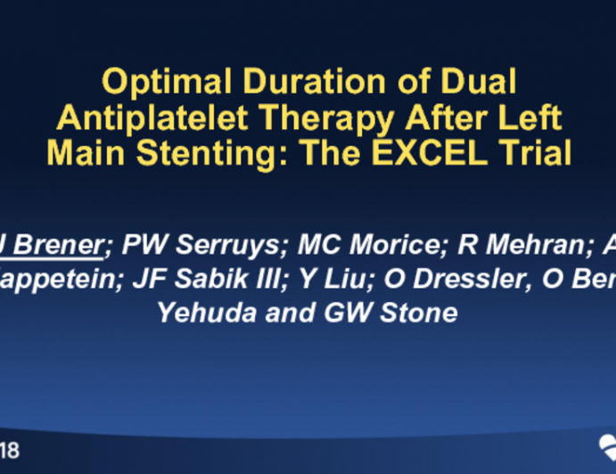 TCT-1: Optimal Duration of Dual Antiplatelet Therapy After Left Main Coronary Stenting With Everolimus-Eluting Stents: Analysis From the EXCEL Trial