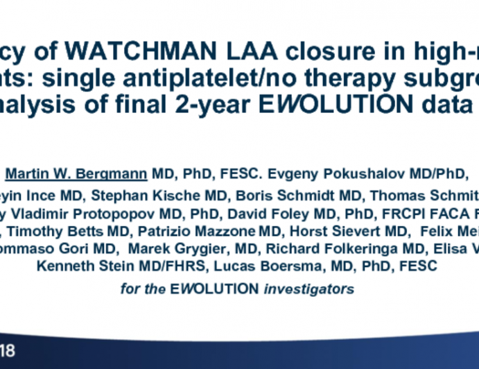 EWOLUTION: Two-Year Efficacy of Left Atrial Appendage Closure in High-Risk Patients - Single Antiplatelet/No Therapy Subgroup Analysis