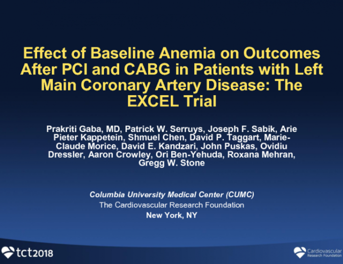 TCT-34: Effect of Baseline Anemia on Outcomes After PCI and CABG in Patients With Left Main Disease: The EXCEL Trial
