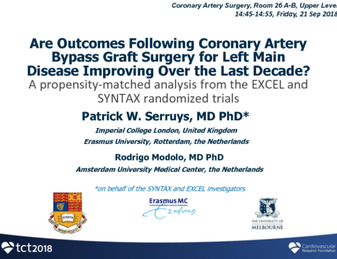 TCT-106: Are Outcomes Following CABG for Left Main Disease Improving Over the Last Decade? A Propensity-Matched Analysis From the EXCEL and SYNTAX Randomized Trials