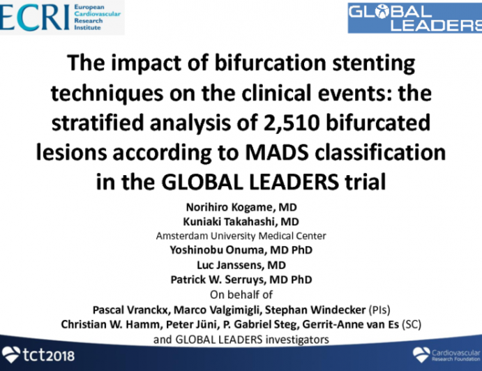 TCT-118: The Impact of Bifurcation Stenting Techniques on the Clinical Events: the Stratified Analysis of 2,510 Bifurcated Lesions According to MADS Classification in the Global LEADERS Trial