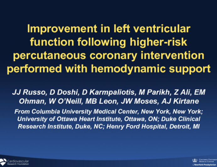 TCT-27: Left Ventricular Function Following Higher-Risk Percutaneous Coronary Intervention Performed With Hemodynamic Support