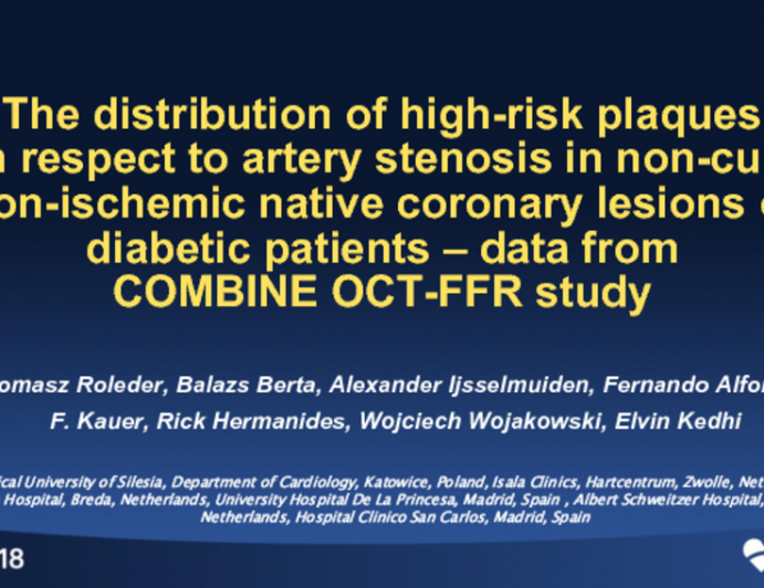 TCT-54: The Distribution of High-Risk Plaques with Respect to Artery Stenosis in Non-Culprit Non-Ischemic Native Coronary Lesions of Diabetic Patients – data from COMBINE OCT-FFR study