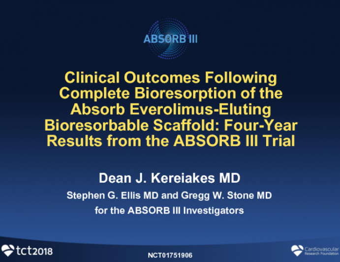 TCT-61: Clinical Outcomes Following Complete Bioresorption of the Absorb Everolimus-Eluting Bioresorbable Scaffold: Four-year Results from the ABSORB III Trial