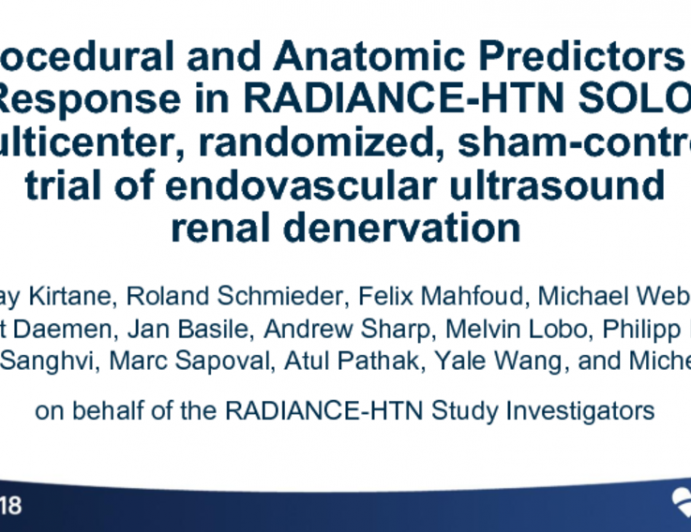 TCT-29: Procedural and Anatomic Predictors of Response in RADIANCE-HTN SOLO: A Multicenter, Randomized, Sham-Controlled Trial Of Endovascular Ultrasound Renal Denervation