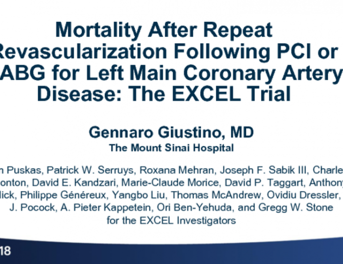 TCT-33: Mortality After Repeat Revascularization Following PCI or CABG for Left Main Coronary Artery Disease: The EXCEL Trial