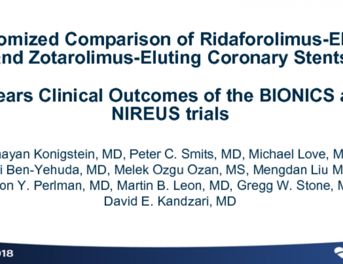 TCT-92: Randomized Comparison of Ridaforolimus- and Zotarolimus-Eluting Coronary Stents: 2-Year Clinical Outcomes of the Pooled BIONICS and NIREUS Trials
