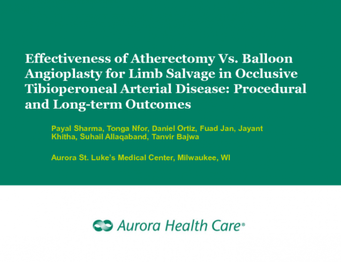 TCT-113: Effectiveness of Atherectomy vs Balloon Angioplasty for Limb Salvage in Occlusive Tibioperoneal Arterial Disease