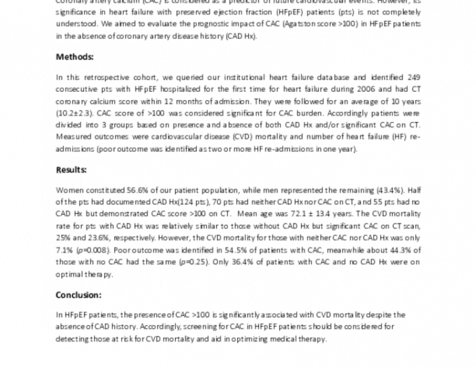 Coronary Artery Calcium in Heart Failure with Preserved Ejection Fraction Patients: More Serious Than We Think