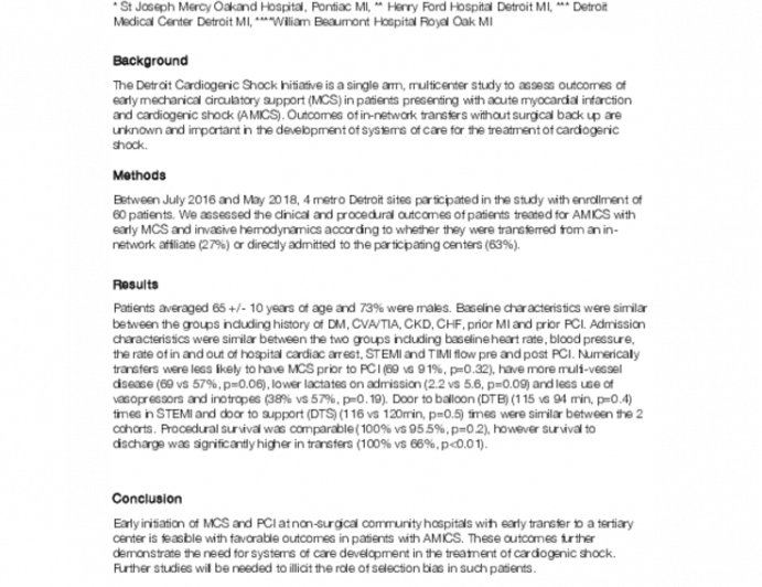 The Effect of In-Network Transfers in Patients Presenting with Acute Myocardial Infarction and Cardiogenic Shock: Insights from the Detroit Cardiogenic Shock Initiative.